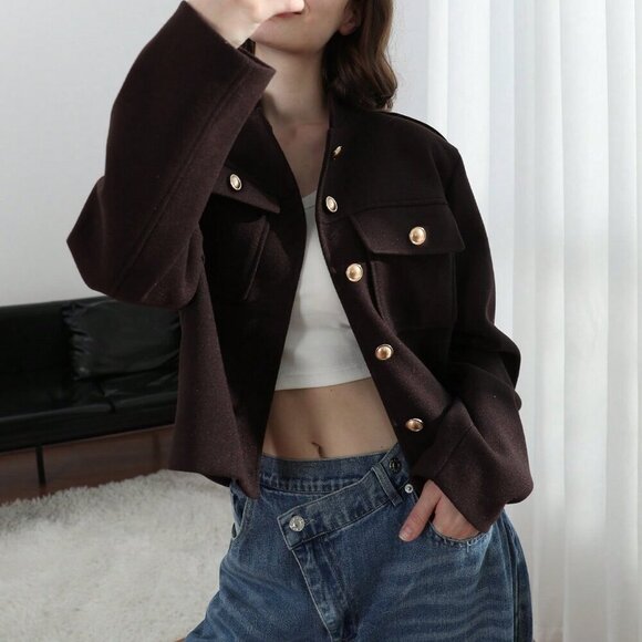 Brown Casual Women's Pockets detailedSingle button Jacket